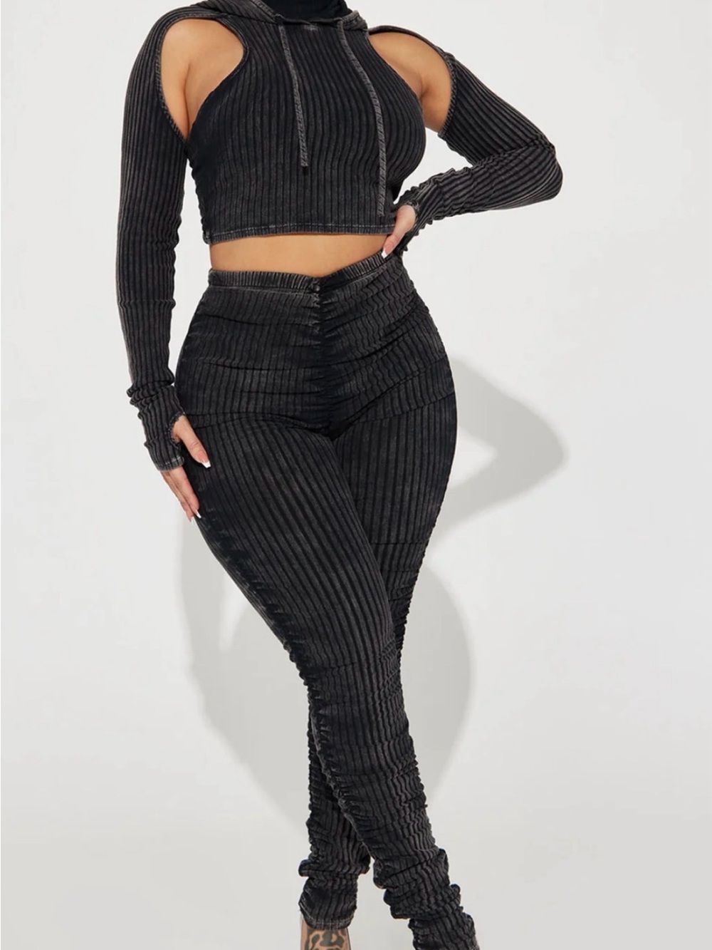 Fashion Nova Black Ribbed Cold-Shoulder Skinny Jumpsuit Set NWOT